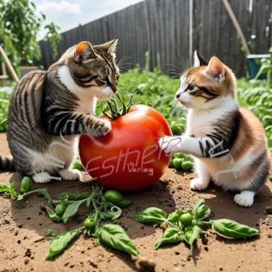 Zwei Katzen mit Tomate