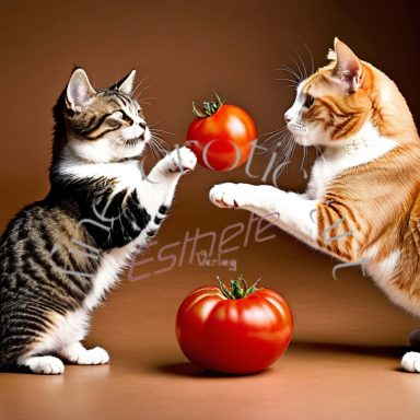 Zwei Katzen mit Tomaten